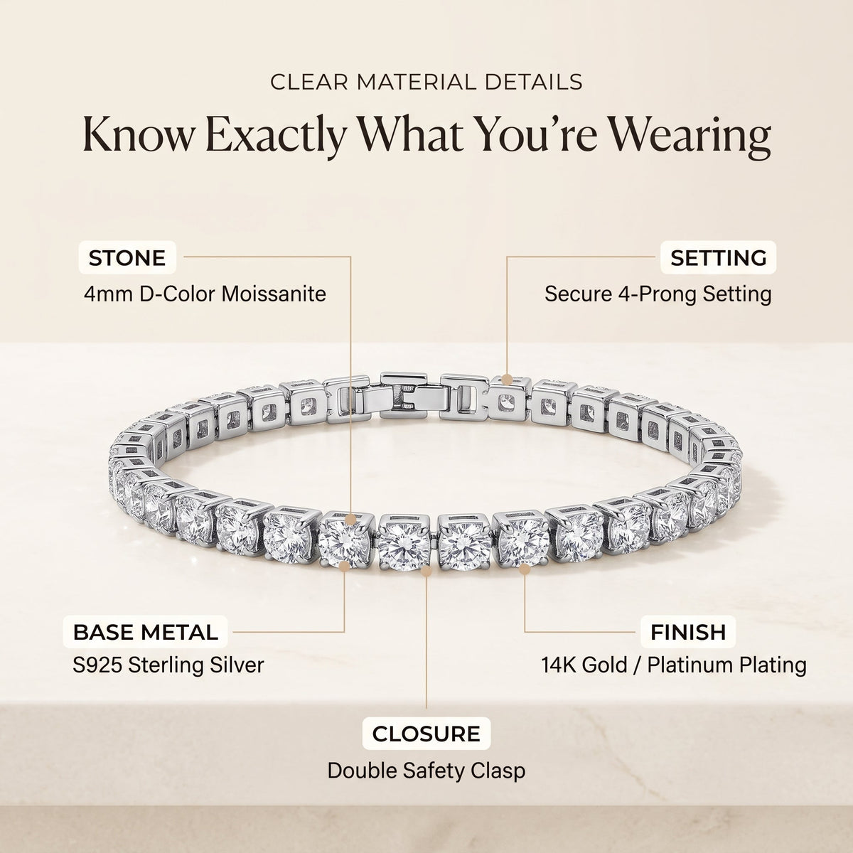 💎Classic 4mm D-Color Moissanite Tennis Bracelet – 14K Gold Plated with Double Safety Clasp✨